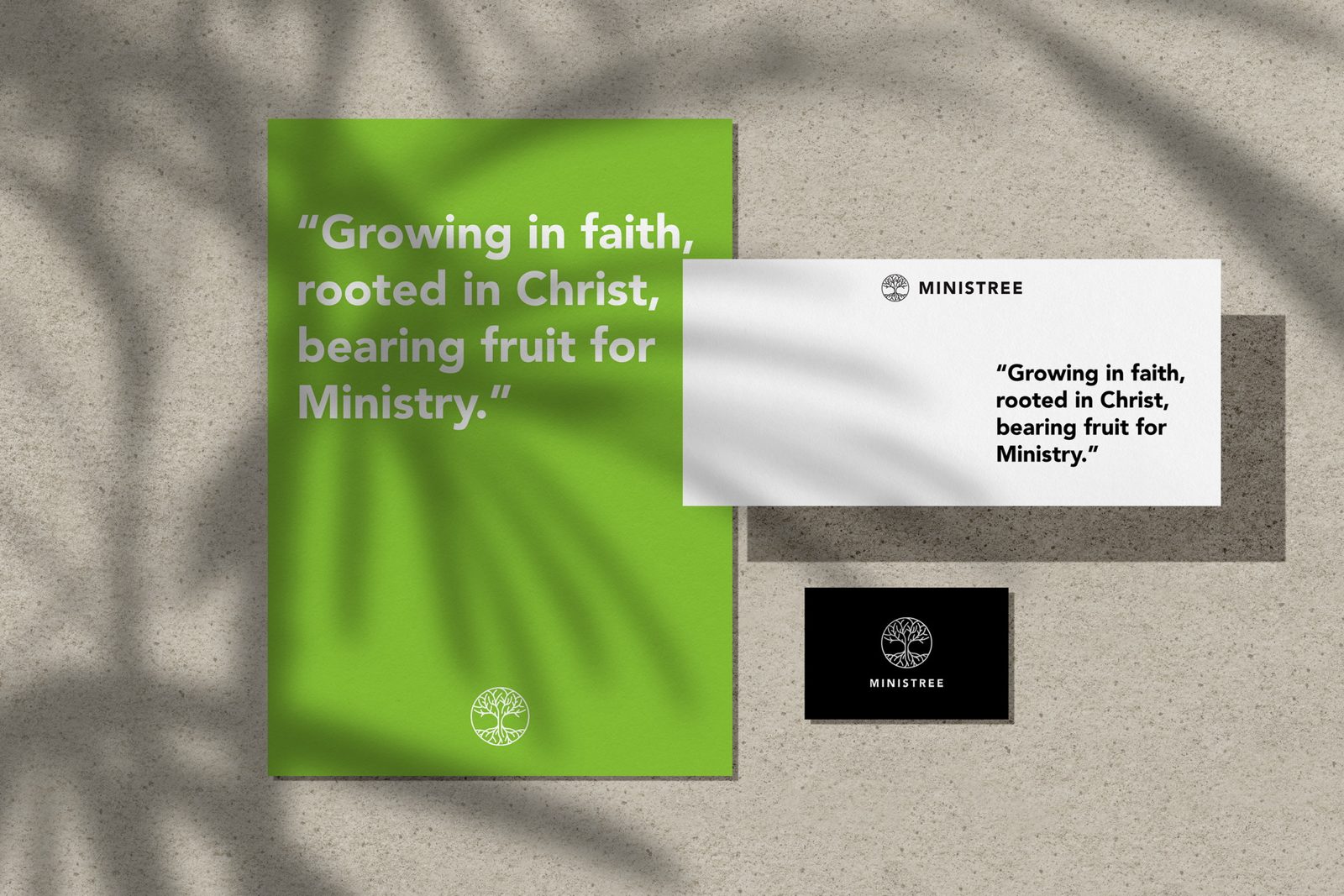 Grüne Karte mit dem Leitsatz Growing in faith, rooted in Christ, bearing fruit for Ministry